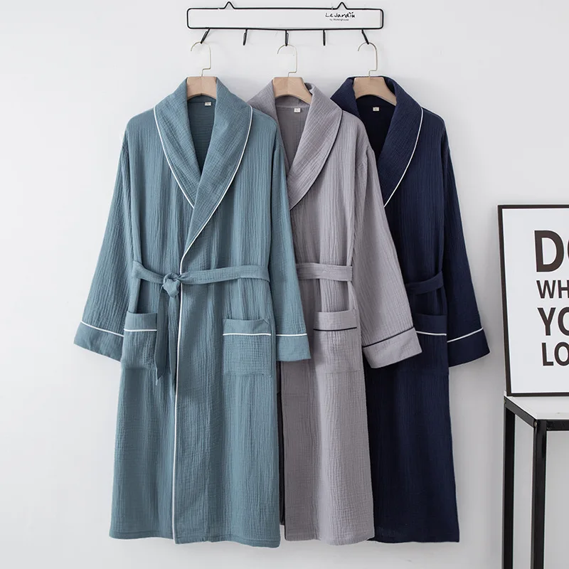 Pure Cotton Hotel Couple Nightgown Thin Cardigan Lapel Over Knee Plus Size Home Nightdress Men's and Women's Bathrobe with Belt