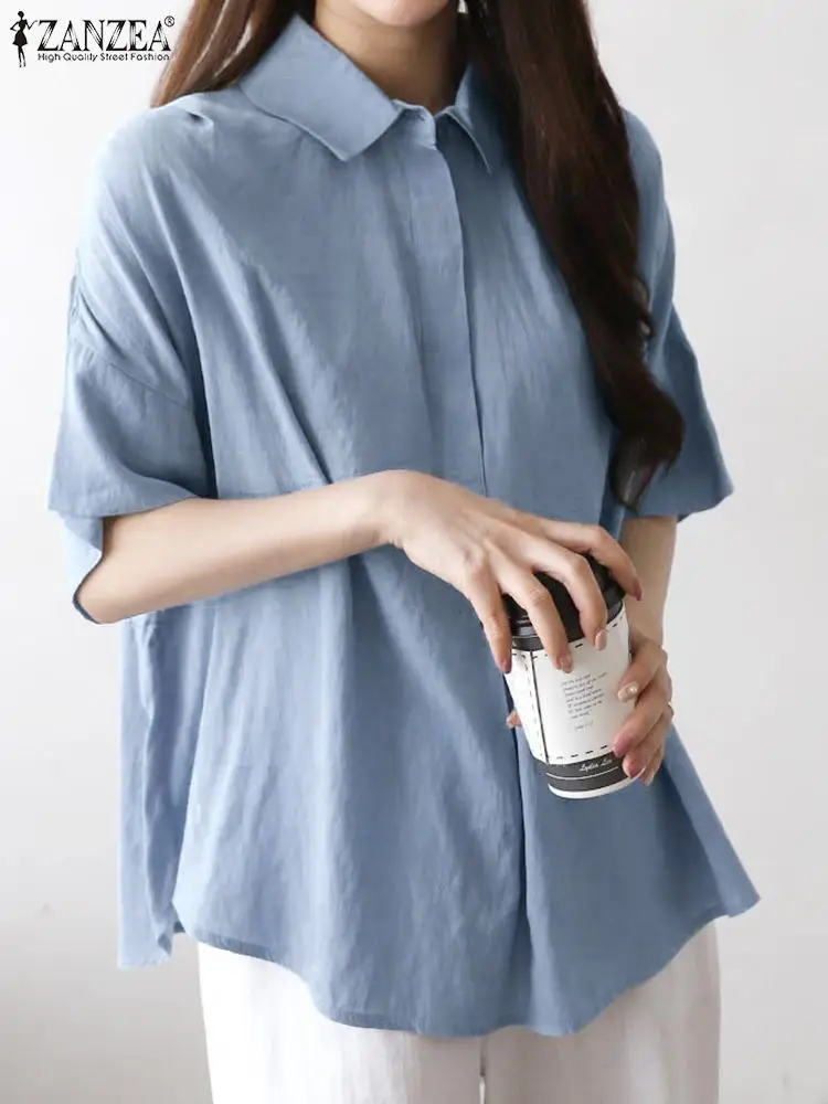 

ZANZEA Fashion Women Lapel Blouse Summer Half Sleeve Shirt Casual Solid Loose Blusas Femininas Elegant Work OL Tops Tunic Mujer