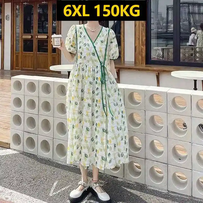 

E GIRLS Large Size 6XL 150kg Women High Waist Dress V Neck Short Sleeve Floral Dresses Ladies Casual Large Summer Maxi Dress E G