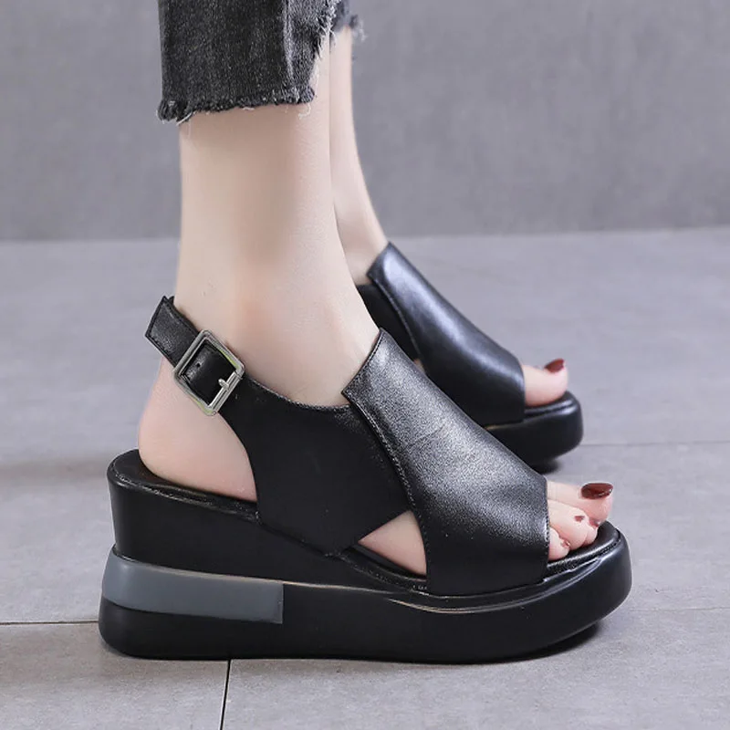 

Summer Wedge Shoes for Women Sandals Solid Color Open Toe High Heels Ladies Casual Buckle Strap Women Fashion Sandals