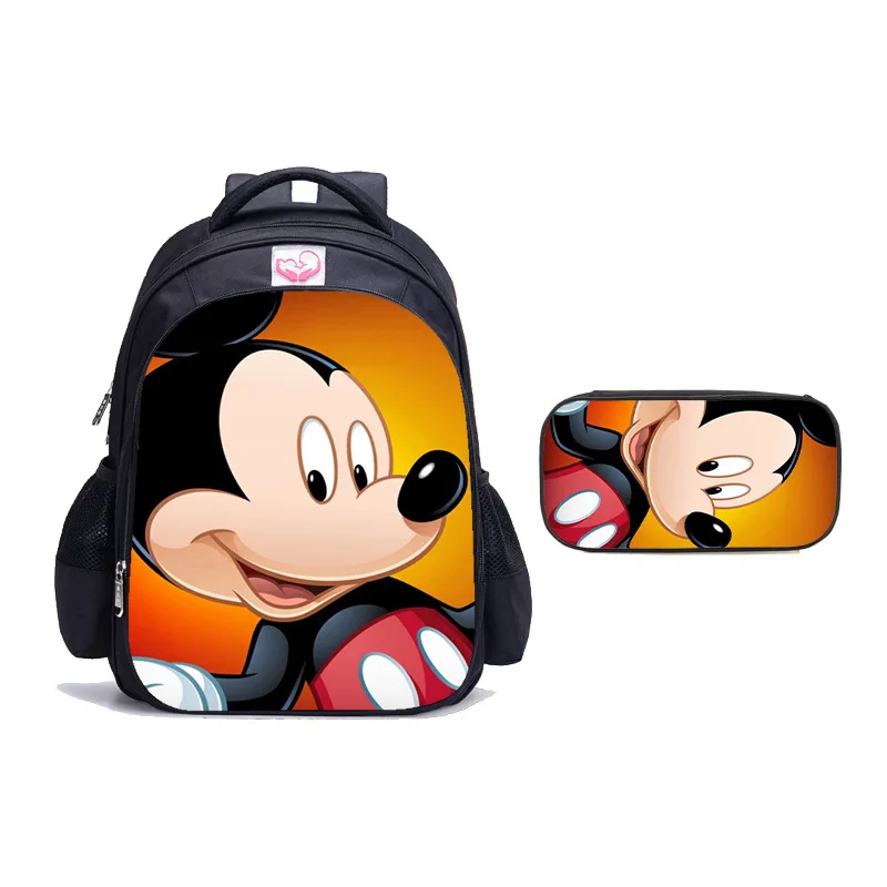 Disney Bag Mickey Backpack Children's Backpack 2-piece Mickey Cartoon 3D Digital Color Printing Leisure Student Bag + Pen Bag