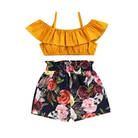 2pieces kids summer casual set solid color boat neck spaghetti strap tops flower print shorts for baby girls 1 6 years