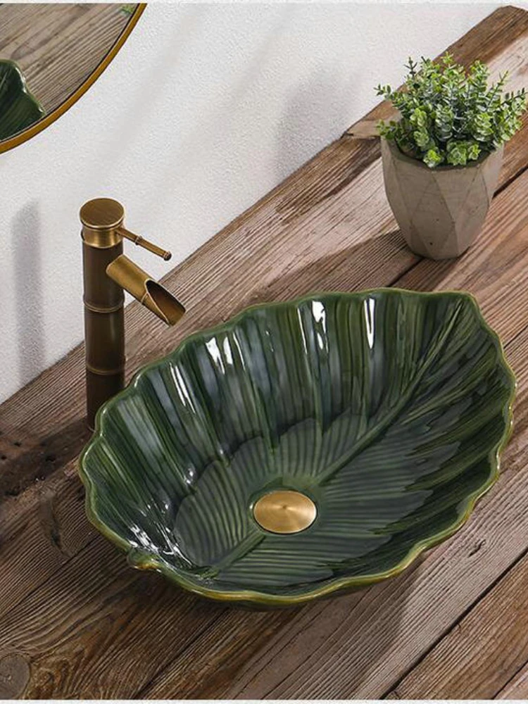 Artistic Glazed Leave Bowel Sink Engraved Wash Basin Ceramic Round Coutertop Bathroom | Sinks