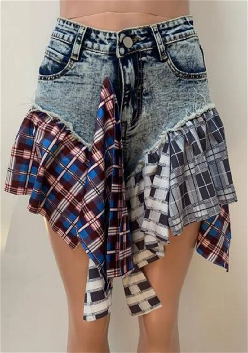 Plaid Patchwork Ruffles Jeans Skirts Shorts Women Summer High Waist Button Fly Pockets Fashion Casual Culotte Streetwear