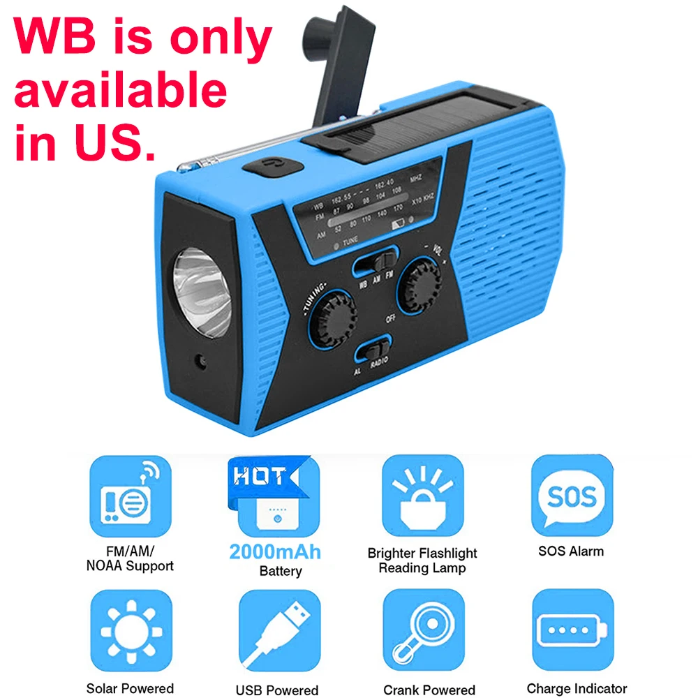 

Portable Hand Crank Solar Powered Radio AM/FM/WB Weather Radio LED Flashlight 2000mAh Power Bank Phone Charger Emergency Radio