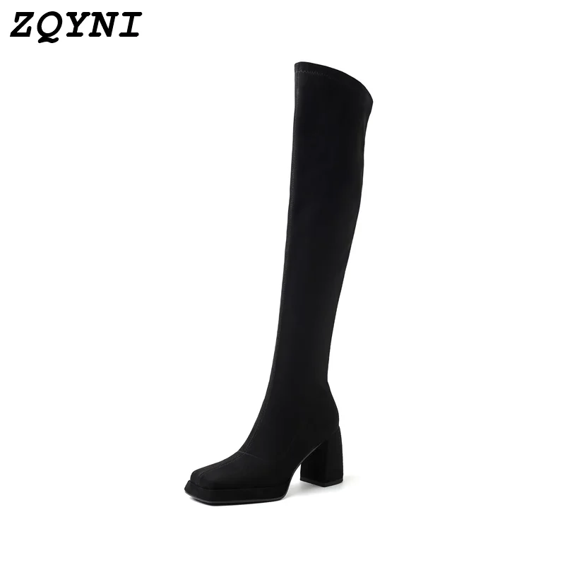 

Luxury women's high boots Elegant and sexy brand shoelace platform Elastic and thick Gothic knee above Autumn and winter