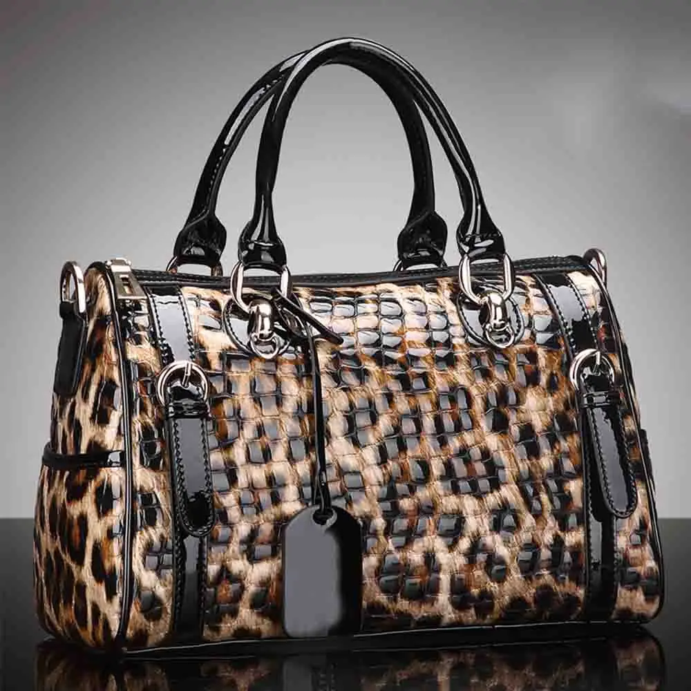 Luxury Leopard Print Patent Handbag Genuine Leather Boston Crossbody Pack For Women Large Capacity Female Tote Shoulder Bag 2022