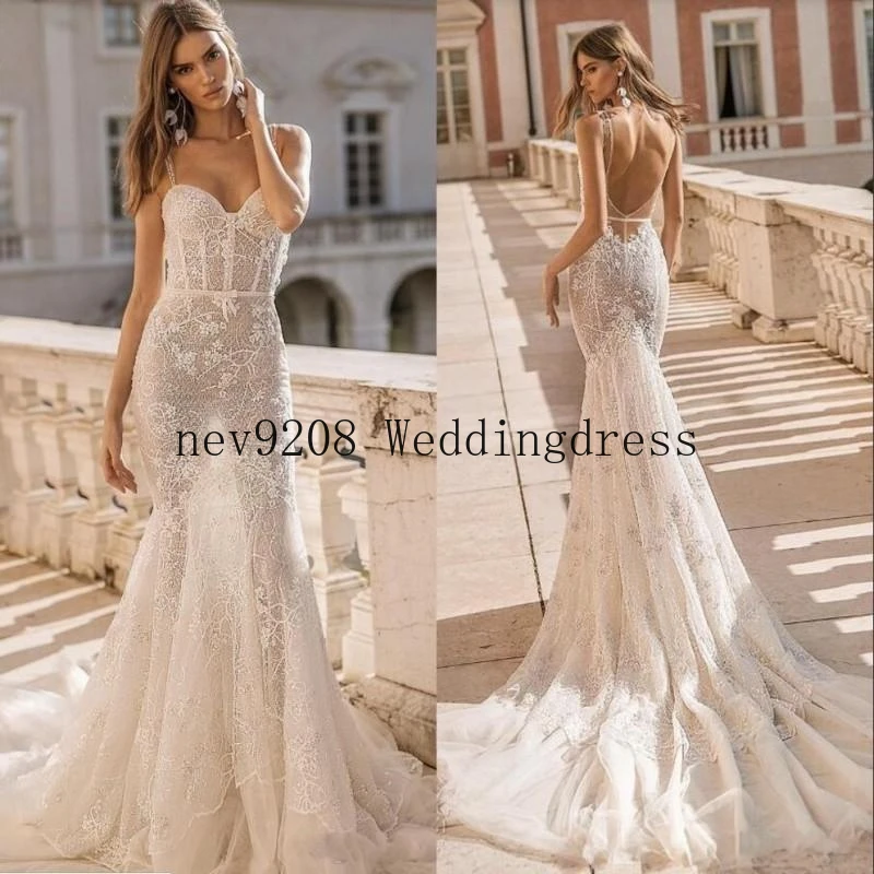 

Mermaid Wedding Dresses 2022 Spaghetti Sequined Beading Sexy Backless Illusion Beach Wedding Dress Appliques Lace Bridal Gowns