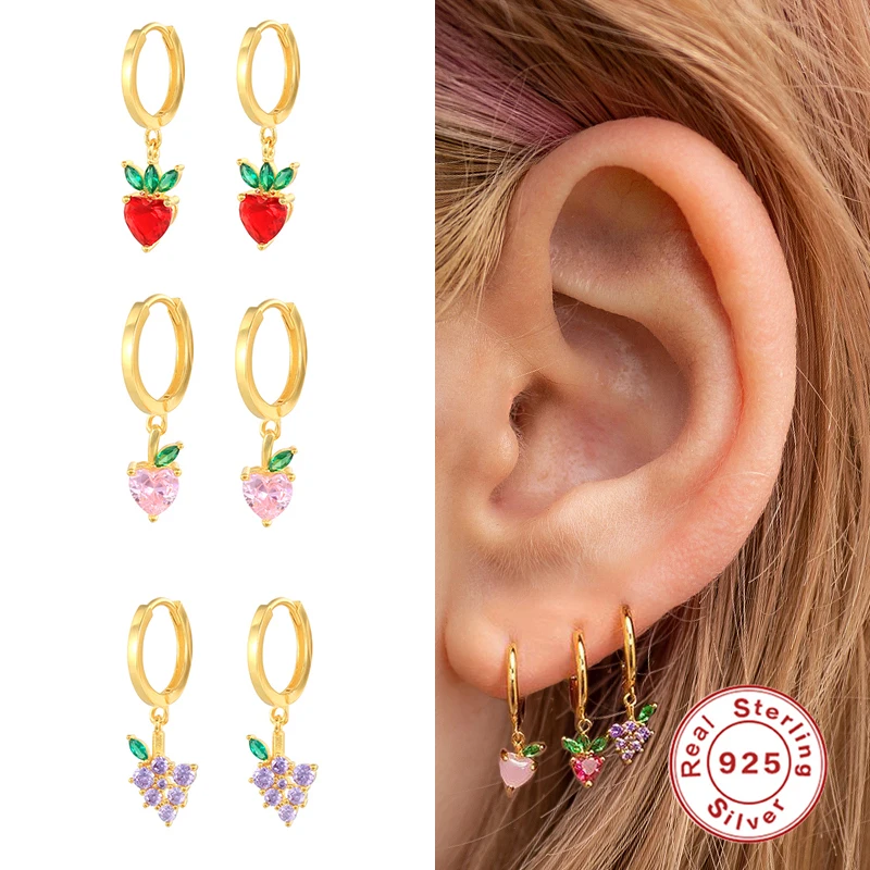 

S925 Silver Cute Fruit Shape Colored Zircon Drop Earrings Hypoallergenic Women's Fashion Trend The Same Accessories Earring Gift