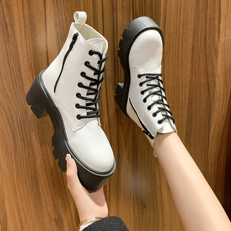 

Shoes Women's Sneakers With Platform Thick Sole Fashion 2022 PU Microfiber Basic High Zip Solid Motorcycle boots Bonded Leather