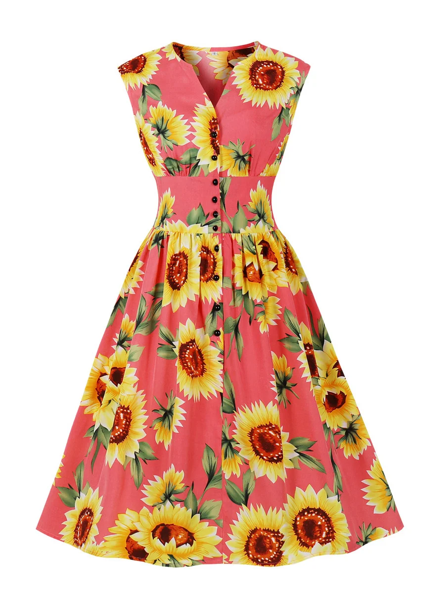 

1950-х Одри Хепберн Подсолнух расклешенное платье рубашка женская одежда халат De Cocktail без рукавов летние винтажные платья рокабилли