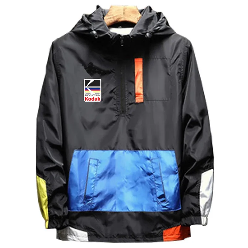 

Kodak Polychrome New Men's Spring Autumn Zipper Casual Hooded Bomber Jakcet Kodak Patchwork Windbreaker Coat Tops Pullover