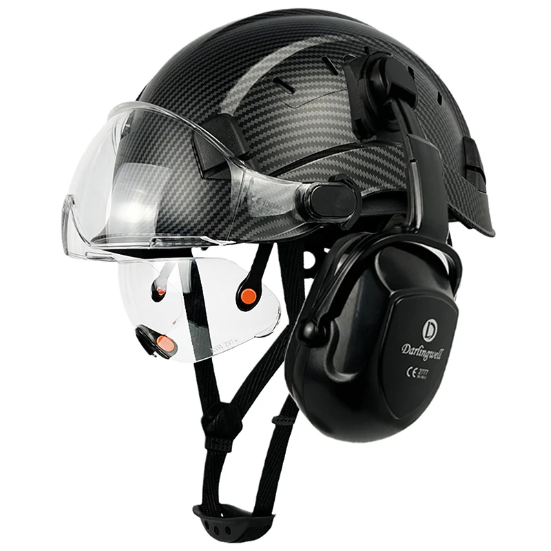 

CE Carbon Fiber Pattern Safety Helmet With Build in Visor Earmuff EN352 For Engineer ABS ANSI Hard Hat Outdoor Work Industrial
