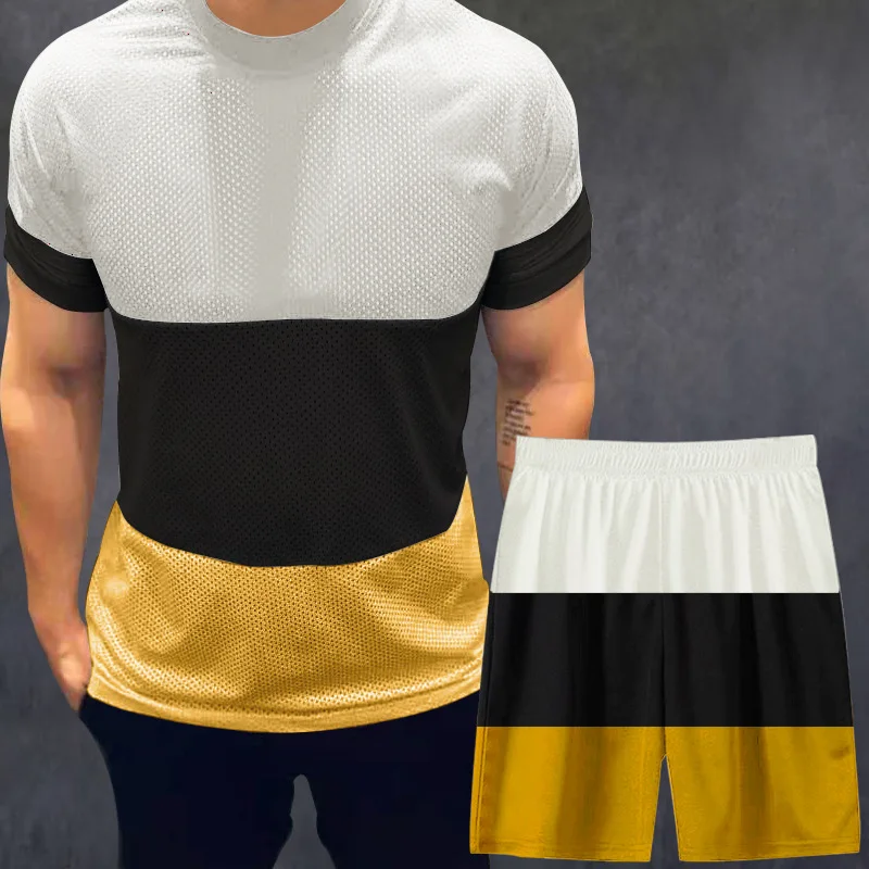 

Футболка мужская с круглым вырезом и коротким рукавом, модный разноцветный повседневный комплект из 2 предметов, спортивные шорты для бега, ...