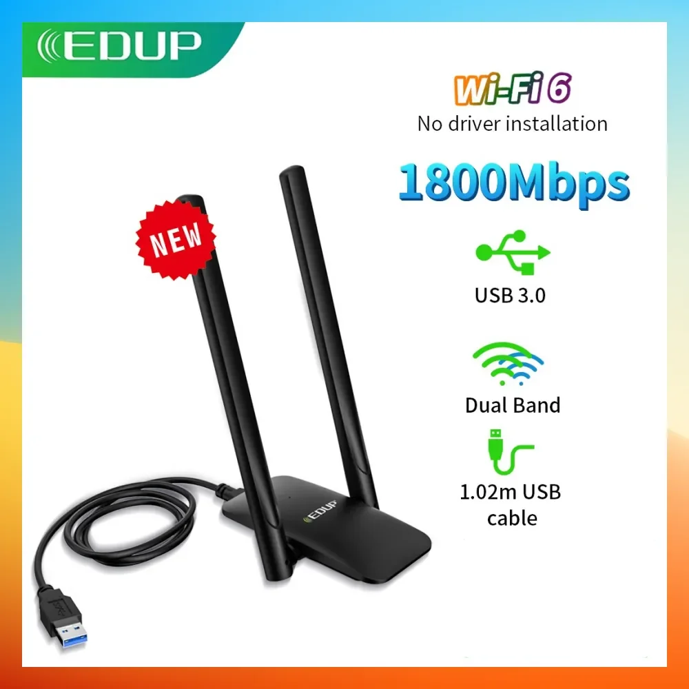 

EDUP WiFi 6 USB Adapter Dual Band AX1800 USB3.0 Wireless Wi-Fi Dongle Drive Free Network Card WiFi6 Adapter For Desktop Laptop