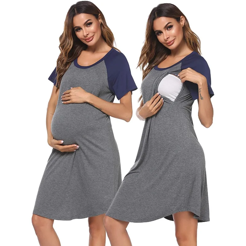 2022 new summer maternity dresses casual loose color matching lactation dress pregnant women casual pajamas pregnancy clothes