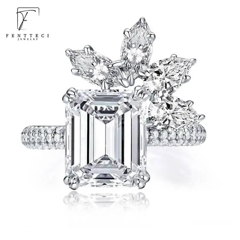 FENTTECI 925 Sterling Silver Simulation Diamond Square Sugar Diamond Ring Fashion Light Luxury Half Flower Wedding Ring