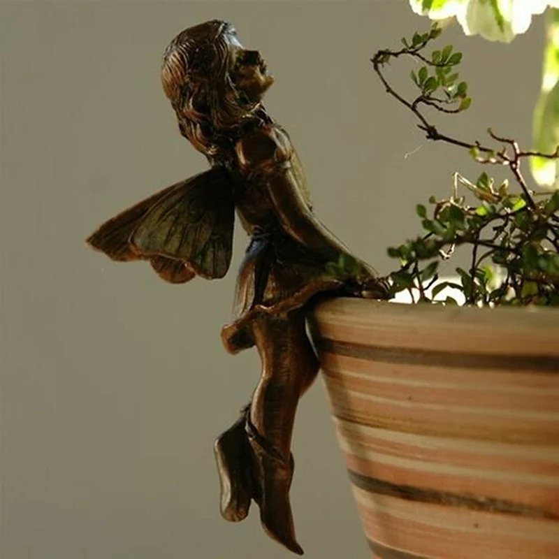 

Miniature Fairy Planter Flower Pot Planter Vase Resin Vintage Bronze Flying Angel Statue Flying Fairy Figures Desktop Decoration