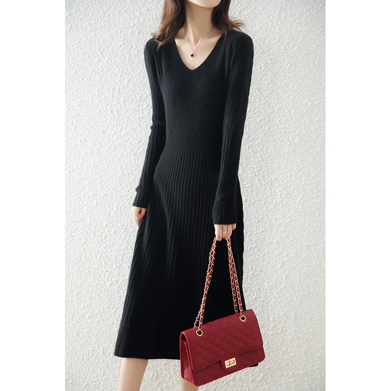 Autumn and Winter New Women's V-neck Dress Medium Long Over Knee Wool Dress Loose Thickened Knitting Bottomed Wool Skirt