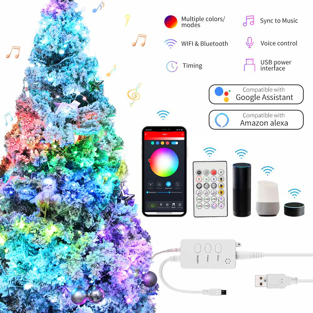 

5M/10M/20M WIFI Bluetooth Smart LED String Light Remote With Google Assistant Alexa Holiday Christmas Wedding Fairy Garland