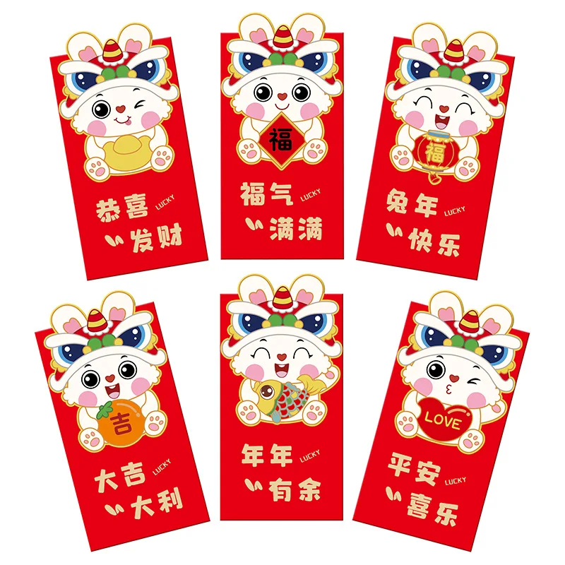 

6pcs Cartoon Chinese Red Envelopes New Year Red Packet Childrens Lucky Money Pocket 2023 Year Of The Rabbit Festival Supplies