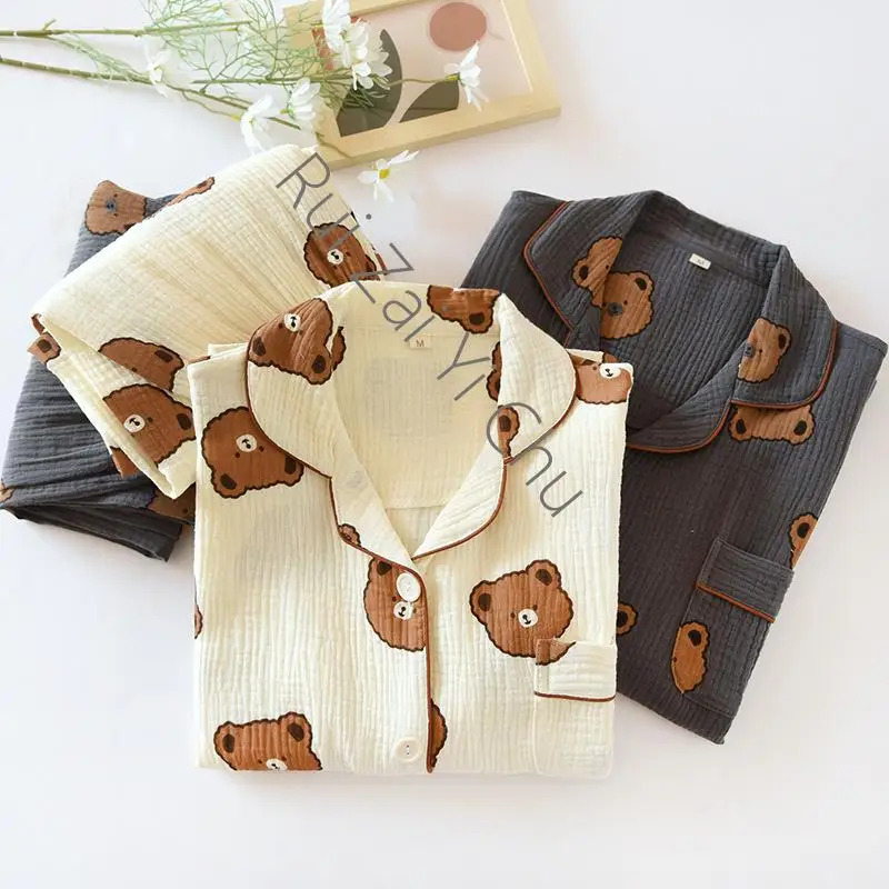 100% Cotton Yarn Couple Long Sleeve Pajamas Home Clothes Women and Men Thin Bear Print Sleepwear Two Piece Set Spring Pyjamas