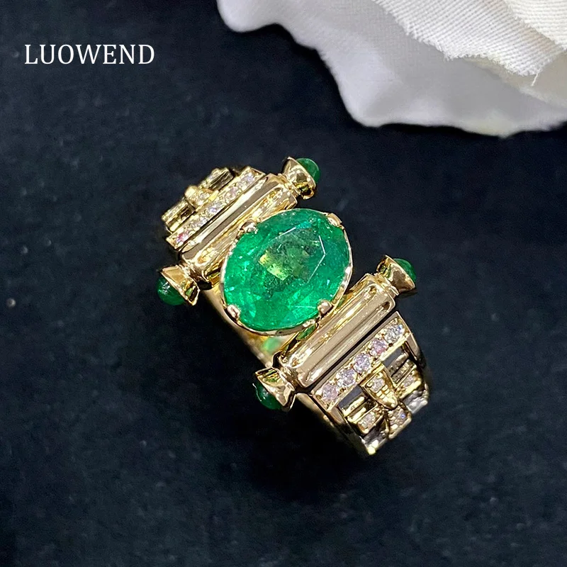 

LUOWEND 18K White Gold Rings Natural Emerald Luxury Gemstone Fine Shining Roman Column Shape Wedding Band for Women Engagement