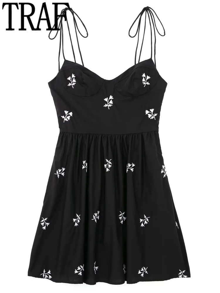 

TRAF Embroidery Black Short Dress Woman Floral Slip Corset Dress Women Backless Mini Sexy Dresses Off Shoulder Summer Dresses