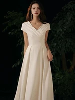 simple elegant satin white evening dresses noble v neck lace up floor length bridal wedding gowns prom party birthday for women