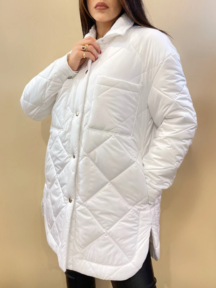 Fashion Turn Down Collar Single Breasted White Argyle Parka for Women 2022 Ladies Casual Turn Down Collar Black Cotton Coats