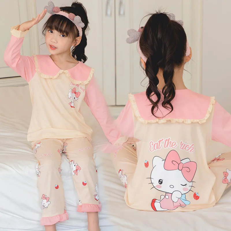 

Anime Kawaii Sanrio Hello Kitty Cinnamoroll Cartoon Girls Spring Autumn Style Long-Sleeved Pajamas Fashion Cute Princess Style