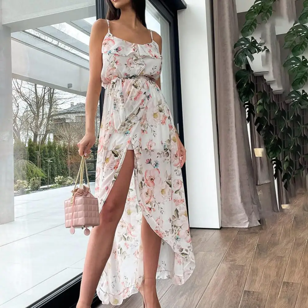 

Popular Lady Dress Suspender Slim Long Dress Summer Vivid Floral Print Sling Long Dress