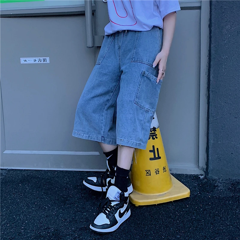 Men Hip-hop Harajuku Seven-point Jeans vintage Wide Leg Seven-point Pants Work With Casual Pants Women Straight Denim Shorts