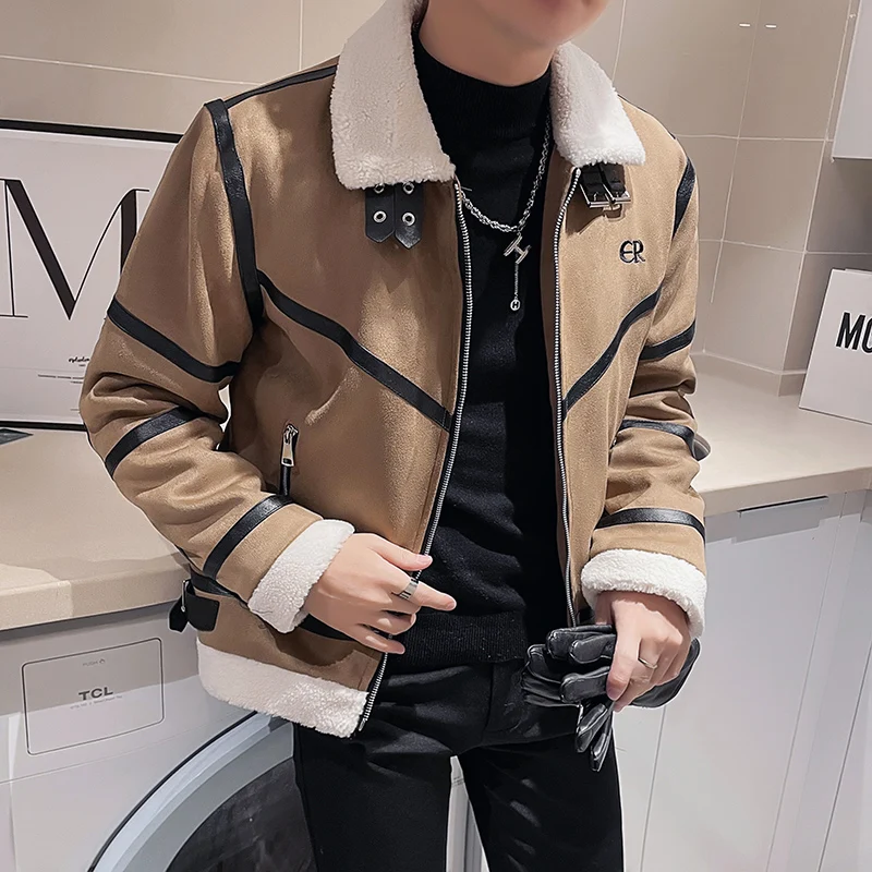 Winter Men's Fur Integration Jackets Turn Down Collar Suede Motorcycle Bike Leather Jacket Coats Casual Slim Streetwear Overcoat