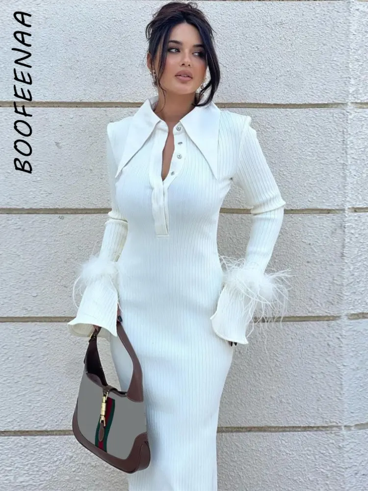 

BOOFEENAA White Knitted Sweater Dress with Feathers Long Sleeve Bodycon Maxi Dresses Winter Fashion Clothes for Women C95-GI47