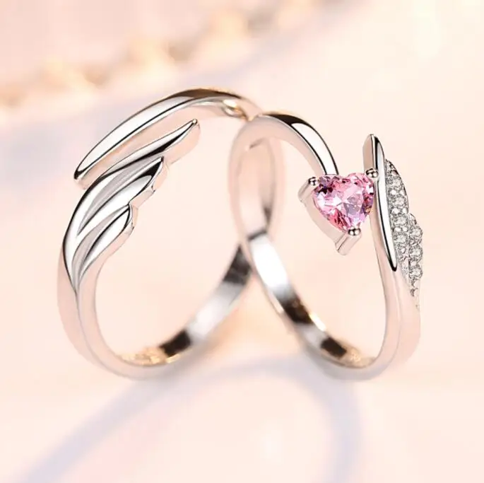 Real 925 Sterling Silver Angle Wing Love Pink Crystal Heart Rings For Women Wedding Engagement CZ Ring Set Fine Jewelry Gifts