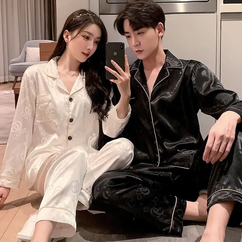 Lovers pajamas female paragraphs in the spring and autumn long thin ice silk leisurewear emulation silk male suits summer