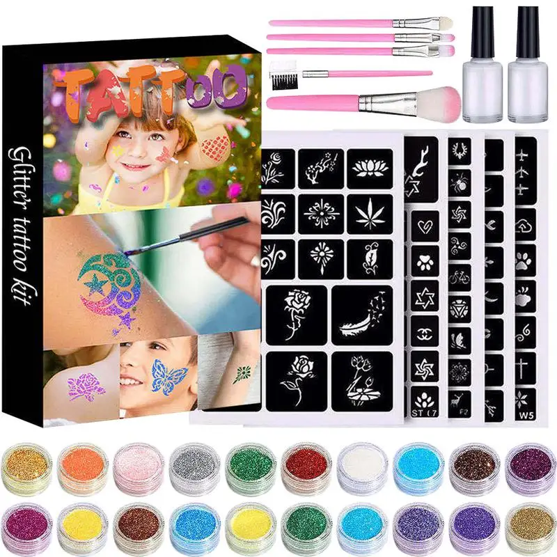 

Temporary Tatto Kit Glitter Tatto Set With 24 Glitters 120 Unique Stencils 24 Glitter Colors 120 Unique Stencils For Party