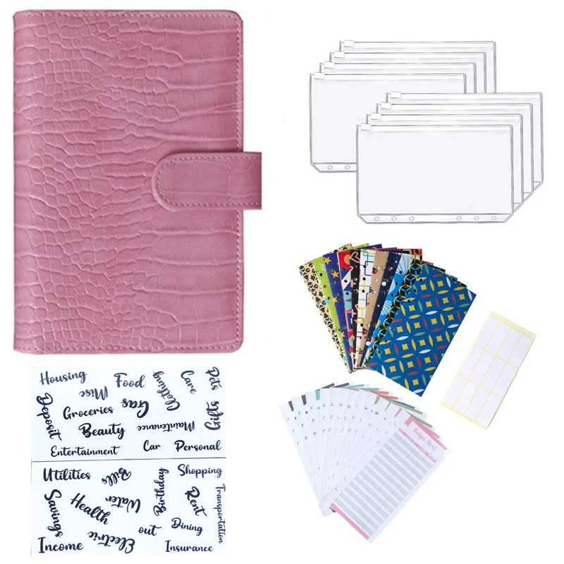 

A6 PU Budget Binder 8pcs Zipper Pockets 12pcs Budget Sheets 12pcs Envelope 2pcs Letter Stickeers File Folder School Supplies