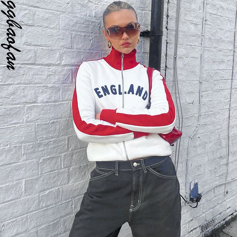 

Ggbaofan Y2K Casual O-neck Letter Print Zippers Patchwork Pockets Loose Women Fashion Long Sleeve Streetwear Jackets Autumn