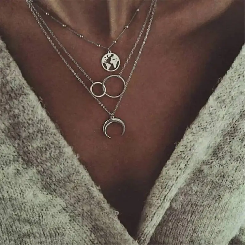 

Fashion Multilayer Moon Map Necklace Female Personality Boho Multilayer Necklace Women Jewelry Wholesale