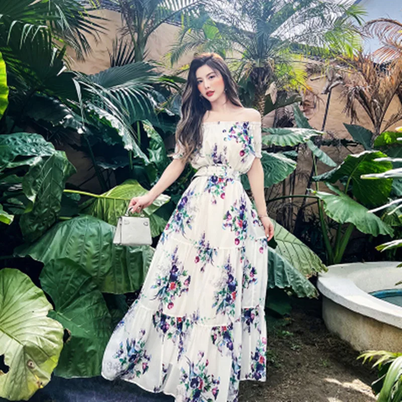 2022 Summer Bohemian Vacation Floral Dress Women's Off Shoulder Flower Print Ruffles Belt Loose Maxi Robe Vestidos