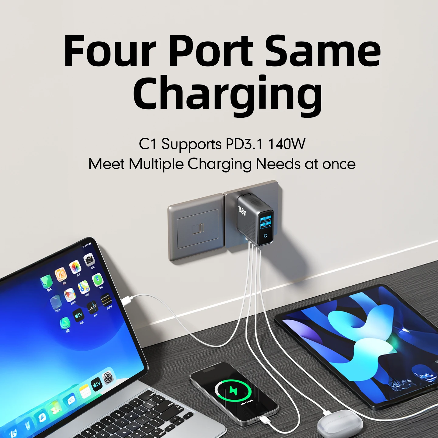 Фото Новый многопортовый адаптер быстрой зарядки GaN 148 Вт с дисплеем, 3 порта USB-C, 1 порт USB-A, для телефонов, планшетов и других устройств, дропшиппинг №4
