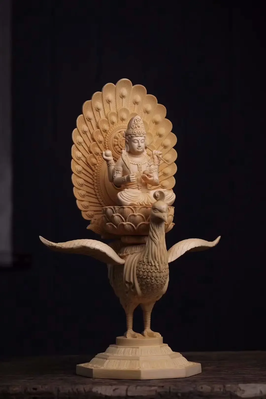 Деревянная статуя Будды Павлина Мин Ван-Резьба из цельного дерева Большая