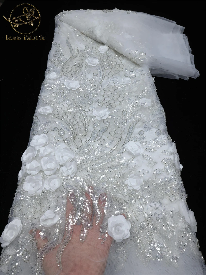 

African 3D Beaded Flower Lace Fabric 2023 High Quality French Sequins Tulle Mesh Lace Bridal For Nigerian Wedding Dress Sewing