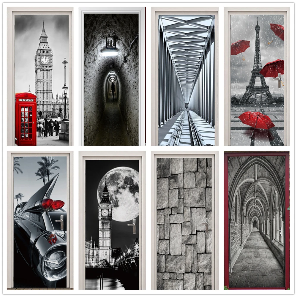 

Gray Red World Door Stickers PVC London Street Adhesive Wallpaper Decals Waterproof Mural For Living Room Decoration Home Decor