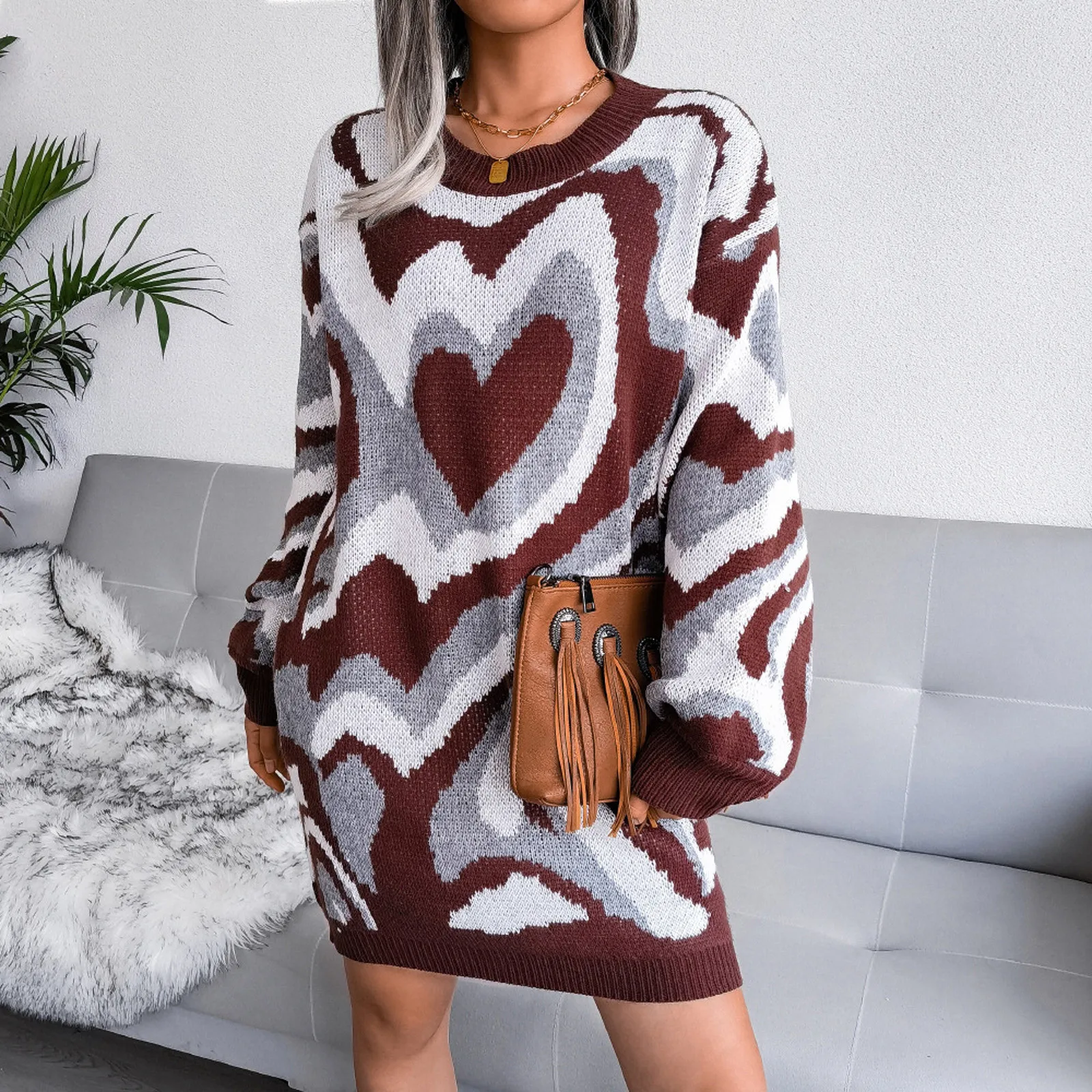 

Women'S Casual Autumn And Winter Round Neck Sweater Wrapped Skirt Long Sleeve Color Long Knit Cardigans Women Kimonos Women