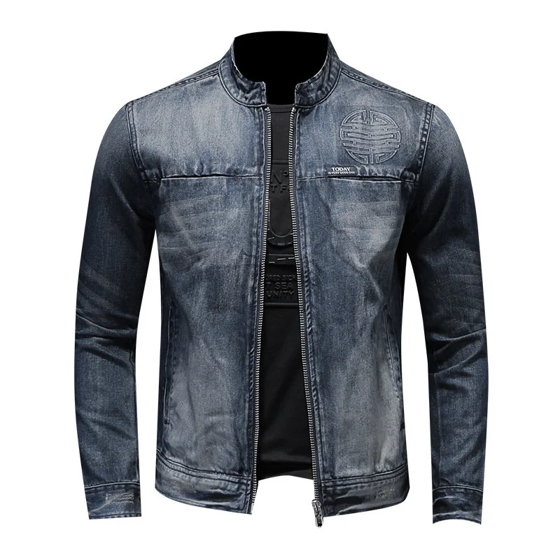 

High Quality Stand Collar Denim Jacket Mens Spring Autumn Motorcycle Jean Jackets Zipper Casual Biker Men Coat S-3XL