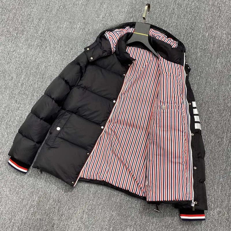 Winter Down Jacket Luxury Brand Classic White Striped Design Duck Down Jacket Korean Fashion Style Hooded Short Jacket