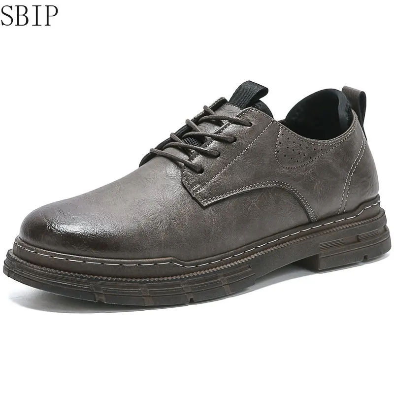 Spring Summer New Men's Shoes Korean Style Men's Casual Leather Shoes Black and Low Upper Lace-up Formal Fashion Shoes